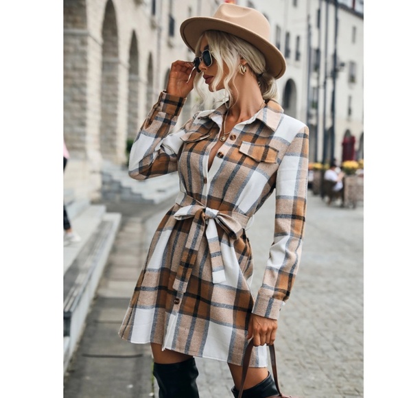 Plaid Long Sleeve Button Front Tie Belted Short Shirt Style Dress - Picture 2 of 10